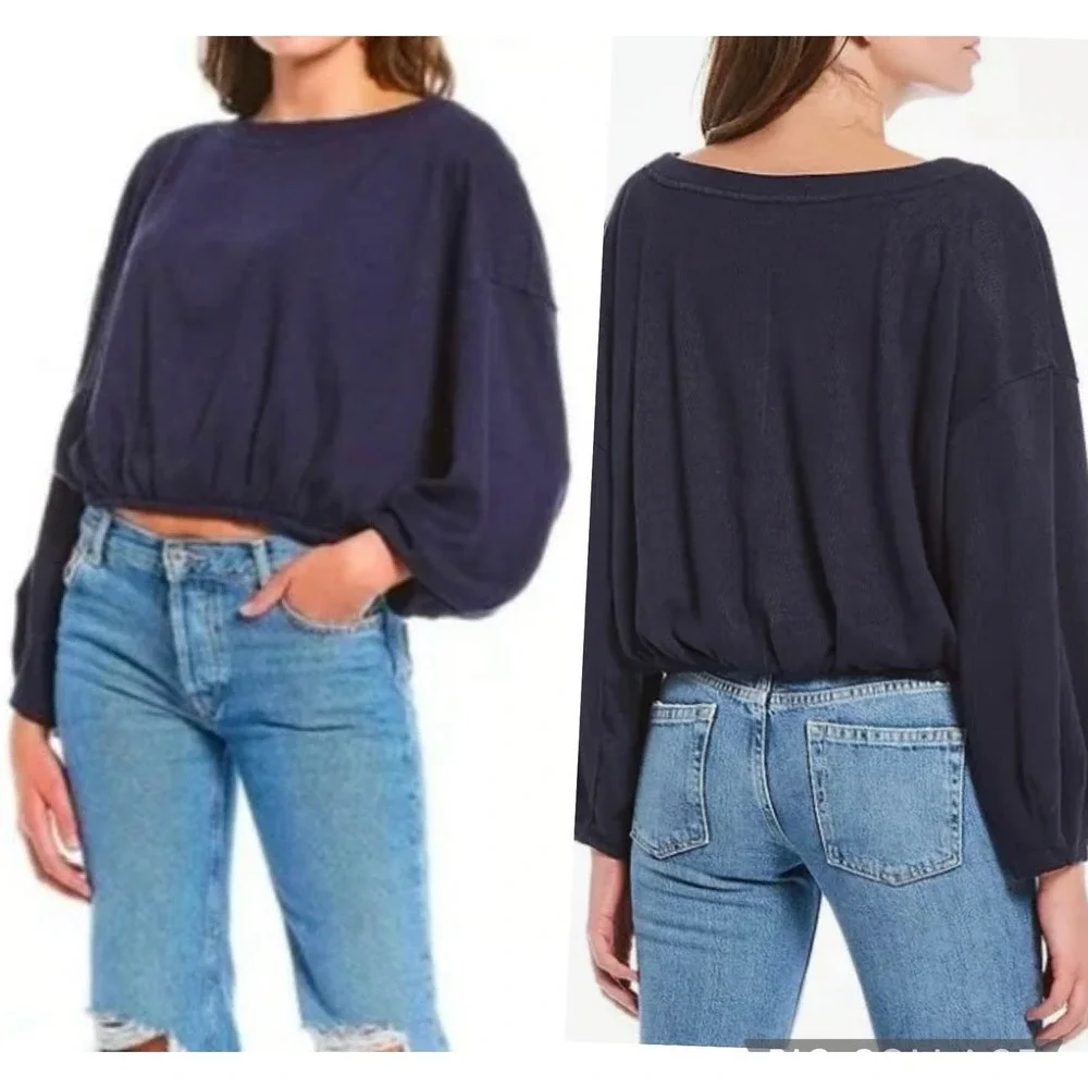 Free People Cuddle Bubble Long Sleeve Slouchy Fit Top‎ Sweater Sz M Navy
